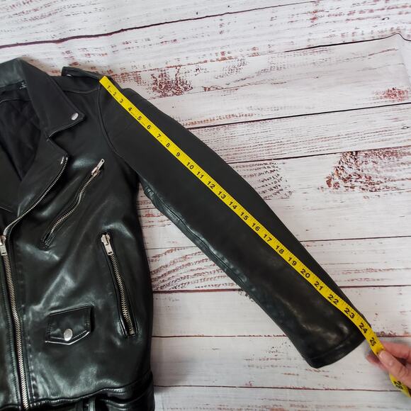 BLK DNM Black Leather Moto Biker Jacket Women's M Zip Bomber Coat Buckle Belted - Picture 16 of 16